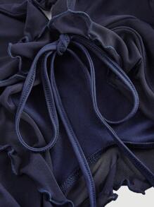 SHEIN MOD 夏季浪漫海军蓝荷叶边丝带和 3D 花朵领结上衣夏季女式上衣音乐会性感