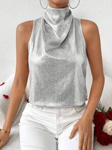 SHEIN LUNE 时尚金属色立领褶饰背心 - 銀色 - 查看 4