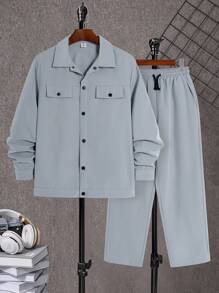 SHEIN 青少年男孩简约灰色超大衬衫和裤子套装，休闲校服，舒适时尚百搭柔软面料，适合日常穿着、上学、户外活动