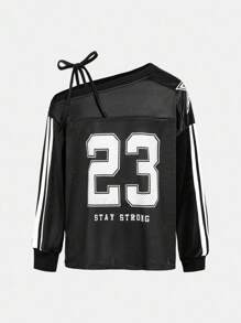 Girlism Sporty Asymmetrical Neck Tween Pullover With Letter Print And Drop Shoulder Sleeves,In Fall/Winter