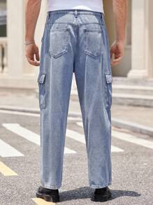 Manfinity VCAY Pantalones vaqueros cargo de pierna ancha con bolsa de solapa para hombres