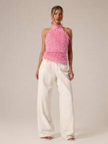 MUSERA High Halter Racer Neck Textured Fluffy Longline Top Festival, Concert, Rave, Club , Summer, Sexy Fall