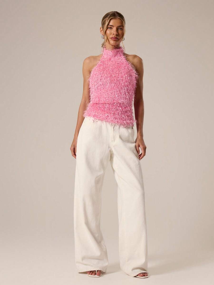 MUSERA High Halter Racer Neck Textured Fluffy Longline Top Festival, Concert, Rave, Club , Summer, Sexy Fall