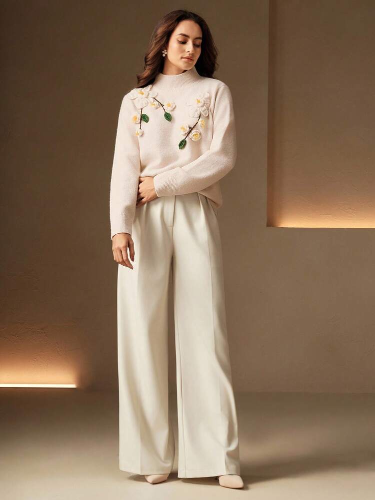 Elegant High Collar Wool Sweater With 3D Camellia Floral Design, Stylish Fashion For Autumn/Winter