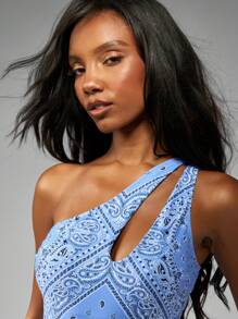 MISSGUIDED Bandana Print One Shoulder Swimsuit Asymmetric Cut Out Monokini Beach Swimming Pool Summer Bathing Suit Resort Wear Swimwear