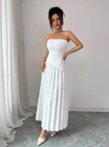 Elenzga Women Bustier Top With Pleated Skirt 2 Pieces Knit Set - White - View 5