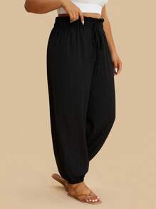 SHEIN VCAY 大码女式休闲黑色条纹抽绳哈伦裤，秋季百搭宽松长裤 - 黑色 - 查看 7