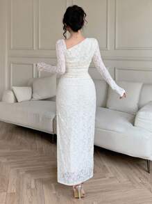 Feyla Vestido elegante y sexy para mujer con dobladillo asimétrico, encaje de jacquard y volantes - Albaricoque - Ver 6