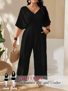 SHEIN PETITE Backless Design Short Sleeve Romper, Casual Commute, Business Casual, Elegant, Plus Size & Petite Women, Summer New' - Black - View 1
