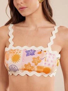 L'Amorae Tank Top Cami Wanita Motif Bunga dengan Hem Berkerut, Untuk Liburan - Jeruk - View 2