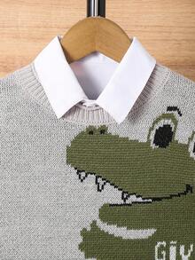 儿童小男孩绿色卡通动物图案圆领保暖针织可爱毛衣，适合派对、生日穿着 - 灰色 - 查看 3