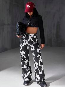 EURMUSE LOW WAIST WIDE LEG CASUAL DENIM JEANS Cow Print Pants Cow Print Outfit Women Y2k Women Two Pieces Outfits Star Pants Rockstar Outfit Women,Trousers - Blue - View 5
