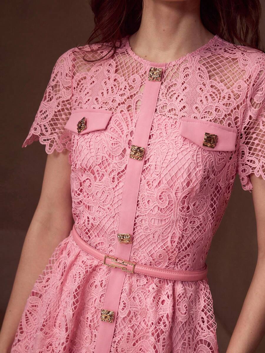 MOTF PREMIUM GUIPURE LACE BELTED DRESS - Pink - View 1