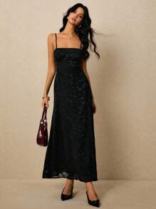 Vestido midi elegante sin mangas con cintura drapeada y estampado floral jacquard para mujeres en verano - Negro - Ver 6