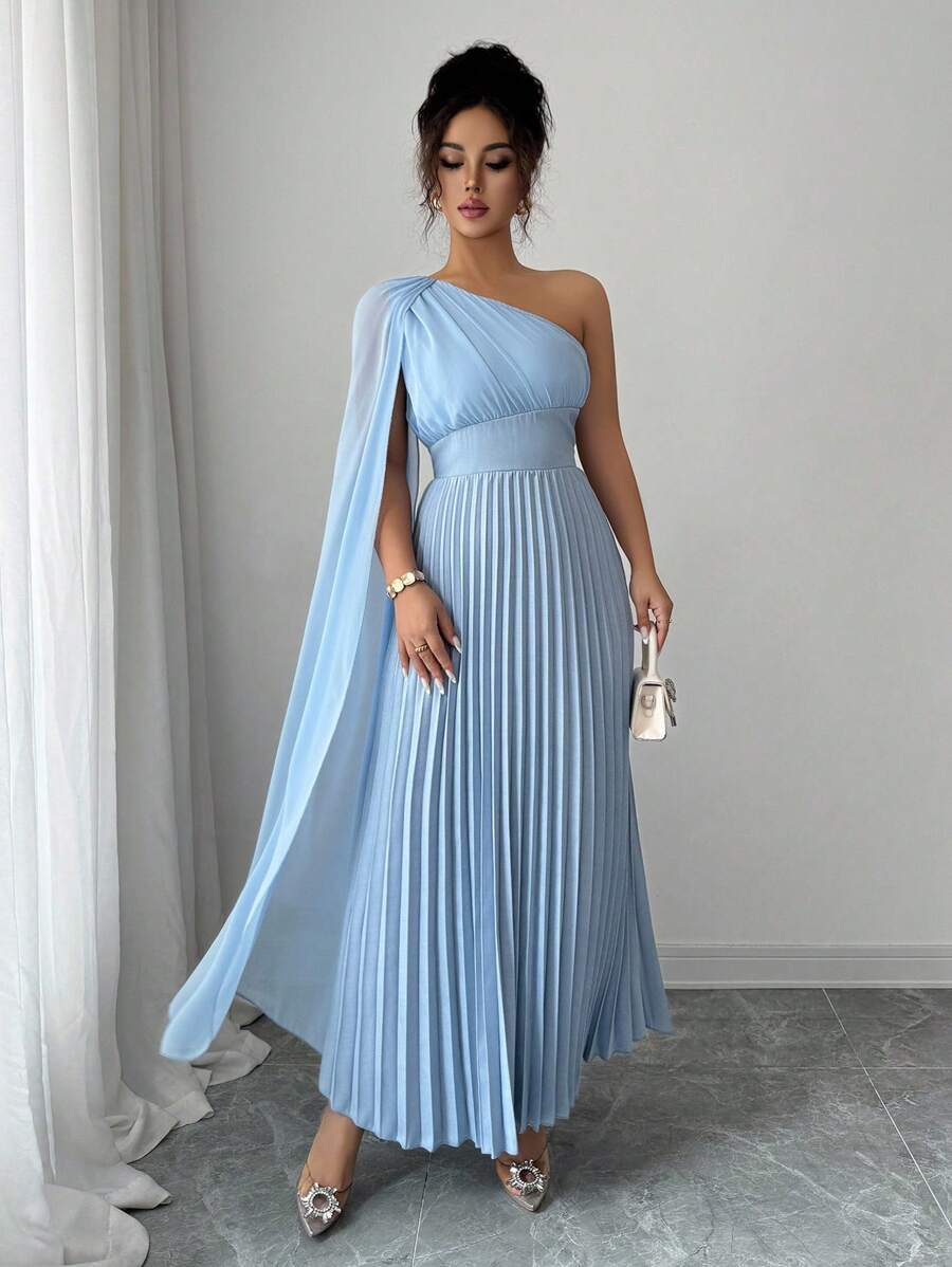Elenzga Elegant Ladies' Asymmetrical Pleated Collar Dress - Blue - View 1