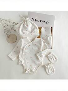 Loomiva 新生男婴/女婴 5 件套碎花针织柔软圆领长袖上衣、松紧腰裤、襁褓毯、帽子和手套 - 杏色 - 查看 7