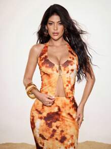 Shutterstock Women Sleeveless Top With Flame Print Suitable For Summer Tie Dye Orange Halter Top Y2K 2000s Cute Top Back To School Club Outfits Women Sexy Date Night Outfits Women - Yellow - View 3