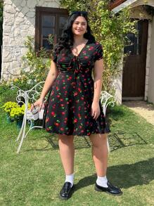 Solflare Plus Size Sleeveless Cherry Print A-Line Dress With Chest Ruching, Elastic Waist, For Spring/Summer,Beach Dress Sundress,Holiday Outfits Boho