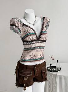 Elamini Camisa de mujer casual de estampado floral vintage, para el verano