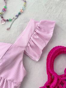 SHEIN Cute Pink Striped Peplum Blouse With Flounce Sleeves And Square Neckline For Teen Girls Pink Babydoll Top Babydoll Top Girls Babydoll Top Summer Babydoll Top Ruffle Sleeve Babydoll Top - Pink - View 4