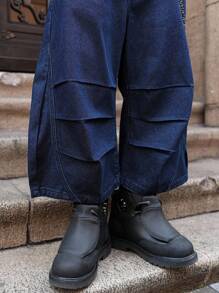 PAVTROS Manfinity Streetrush Modern Men's Navy Blue Denim Wide Leg Pants. Elevate Your Street Style With These Avant-Garde Baggy Jeans, Crafted For A Distinctive And Comfortable Oversized Fit. - Navy Blue - View 3