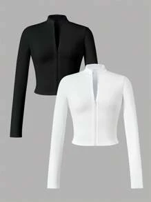 Kurtka dziewczęca z długim rękawem i zamkiem błyskawicznym z przodu, prosta, casualowa