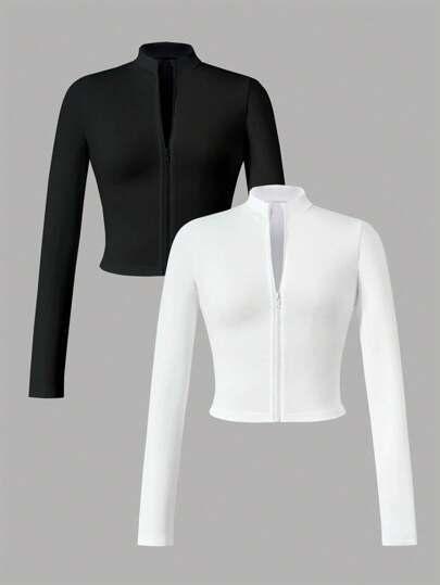 2pcs Teen Girls' Plain Long Sleeve Zipper Front Casual Jacket Fall Winter