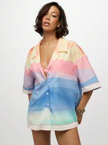SUMWON WOMEN Resort Vacation Button Up Blouse Collared Hawaiian Ombre Watercolor Print Summer Beach Cover Lounge Wear Relaxed Fit Pastel Rainbow