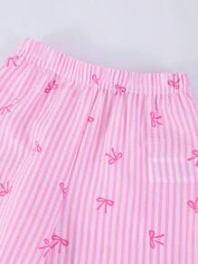 SHEIN 年轻女孩可爱条纹蝴蝶结全身印花吊带背心和阔腿裤两件套，夏季 - 粉色 - 查看 7