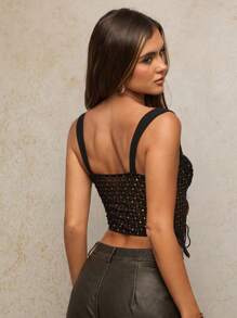 SHEIN BAE Áo crop top hở lưng phối ren chấm bi đen bóng gợi cảm, xuyên thấu, dây buộc gợi cảm dành cho nữ, thích hợp cho đêm hẹn hò, tiệc tùng, tiệc sinh nhật, tiệc cocktail, hộp đêm, trang phục dự tiệc, tiệc ngày lễ, trang phục thường ngày, áo câu lạc bộ gợi cảm, áo đi chơi, áo mùa thu, áo corset, lễ hội âm nhạc Chicago, hòa nhạc đồng quê, đêm hẹn hò dành cho nữ, Halloween, trang phục Halloween - màu đen - Xem 2