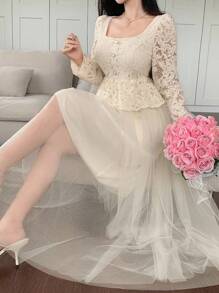 DAZY Women's Elegant Lace Patchwork Square Collar Puff Sleeve Midi Dress,Fall Dress Long Sleeve Dress - Beige - View 1
