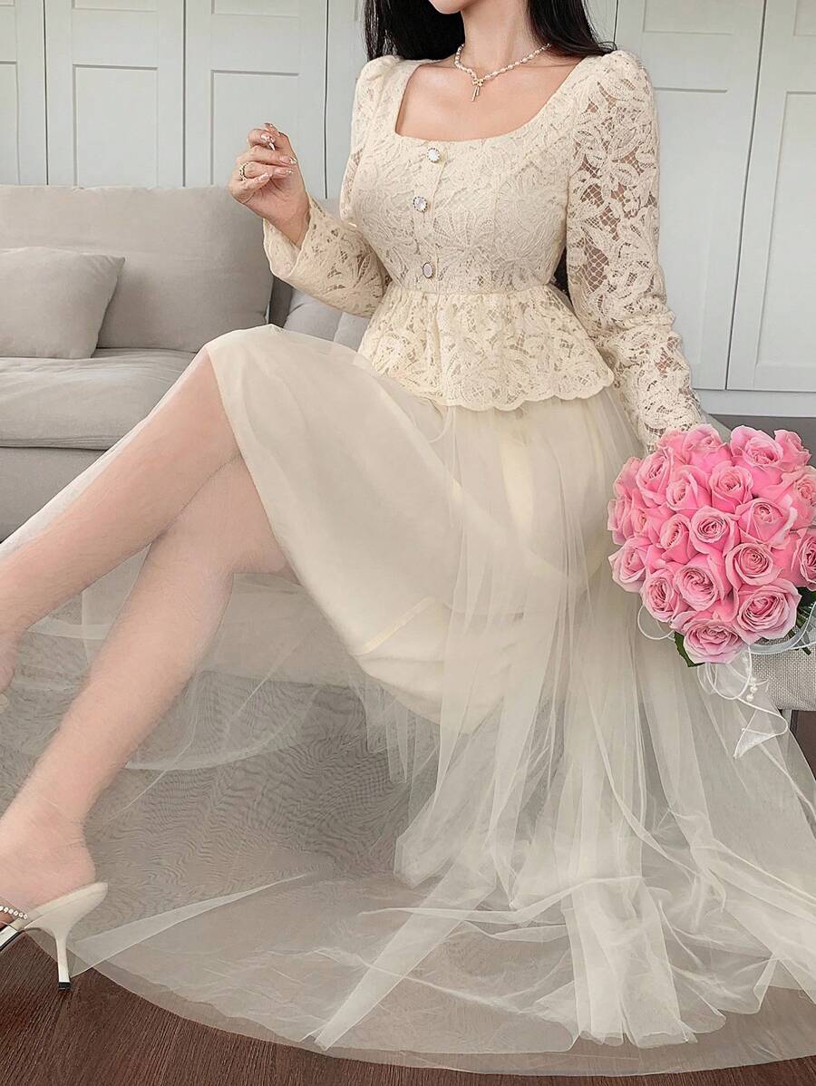 DAZY Women's Elegant Lace Patchwork Square Collar Puff Sleeve Midi Dress,Fall Dress Long Sleeve Dress - Beige - View 1