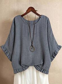 Linhara Women Plus Size Solid Color Round Neck Batwing Sleeve Loose Ruffle Hem Blouse