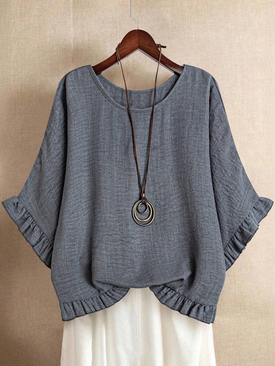 Linhara Women Plus Size Solid Color Round Neck Batwing Sleeve Loose Ruffle Hem Blouse