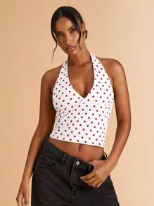 SHEIN BAE Summer Polka Dot Print Casual Halter Top, Suitable For Brunch, Outing, Dating, Commute, Cruise, Ibiza - Multicolor - View 4