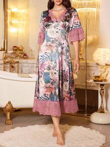 LuxeNights Elegant Romantic Floral Print Lace Ruffle Satin Women Nightgown - Purple - View 4