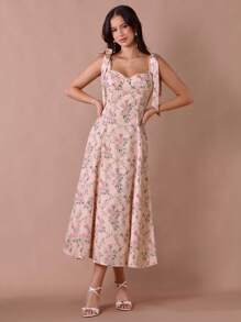 Enchnt Váy dài công chúa in họa tiết hoa cẩm tú cầu màu hồng pastel lãng mạn dành cho nữ mùa hè, cổ thắt nơ, dây đeo vai - Nhiều màu - Xem 4