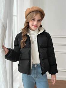 SHEIN 少女简约舒适时尚宽松短款立领羽绒服，拉链设计，简约时尚休闲，加厚设计，适合秋冬季节穿着。 - 黑色 - 查看 7