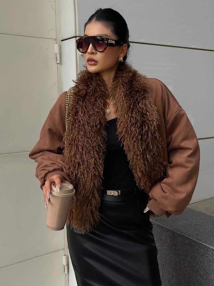 Women's Loose Casual Street Style Plush Patchwork Short Jacket, Thick Thermal Lining, Autumn/Winter Women Coats