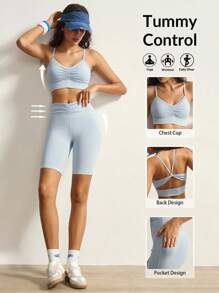 VARSIVA 女士两件套纯色褶皱吊带背心和短裤运动健身套装 - 藍色 - 查看 12