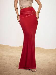 Shutterstock Glamance Women's Solid Color Pleated Design Mermaid Hem Maxi Elegant Skirt Red Maxi Skirt Long Red Skirt Red Mermaid Skirt Red Long Skirt Y2K 2000s Back To School Fall And Winter Club Outfits Women Sexy Date Night Outfits Women