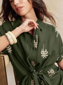 Écloséra 时尚复古百搭日常连衣裙，衬衫领，落肩袖，纽扣，蝴蝶结，刺绣，中长款连衣裙，适合女士，春夏季