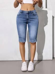 SHEIN Tall 街头休闲阔腿低腰5英寸牛仔短裤 - 中等水洗藍 - 查看 4