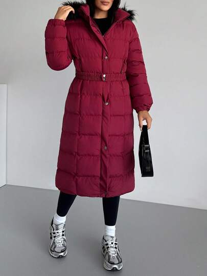 EURMUSE Puffer Winter Coat With Faux Fur Hood, Warm Winter Coat, Streetwear Style, Zip Up, Outdoor Essential, Daily Comfort Long Puffer Coat Women Womens Winter Coats Long Winter Jacket Women Womens Outerwear Puffer Coat With Hood Womens Long Puffer Jacket Puffer Coat With Belt Long Winter Coat Women Womens Puffer Jacket Long Hooded Coat