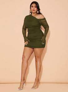 SHEIN BAE Đầm lưới ôm sát dài tay màu đen bất đối xứng vai dành cho nữ cỡ lớn, gợi cảm, thích hợp mặc hàng ngày, đi chơi, hẹn hò, tiệc trà chiều, kỳ nghỉ, mùa xuân/thu, đi học, đi làm/ Đầm màu xanh ô liu cỡ lớn/ Đầm lưới cỡ lớn/ Đầm xếp ly màu xanh ô liu, đầm dự đám cưới cho nữ, quần áo mùa thu cho nữ, ngày lễ tình nhân, trang phục Valentine cho nữ - xanh quân đội - Xem 6