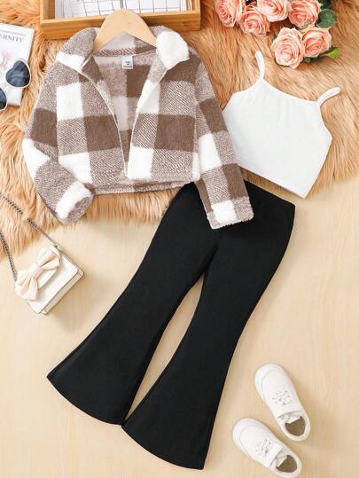SHEIN 3 Pieces Set: Knitted Fuzzy Plaid Short Jacket, Solid Color Knit Camisole And Bell-Bottom Pants Girls Fall Outfit Sets Girl Fall Winter Clothes Girls Winter Clothes Sets Flare Pants Set Kids Plaid Jacket Outfit Young Girls Girl Outfits Winter Kids Back To School Girls Winter Outfits Toddler Girl Clothes Kids Fall Clothes