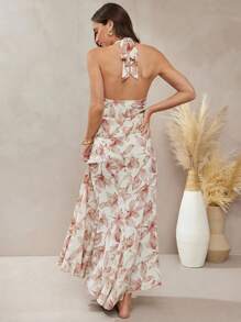 L'Amorae Vestido elegante con espalda anudada, tipo halter, de paneles y vuelo para vacaciones, atuendos de verano para mujeres