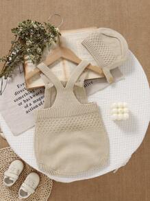 2 piezas Enterizo de punto casual para bebé + Gorro, Estilo minimalista para otoño e invierno - Beis - Ver 2