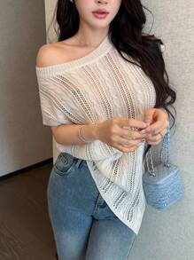 Celisse Spring/Summer Round Neck Asymmetrical Crochet Sleeveless Knitted Cardigan For Women - Apricot - View 1