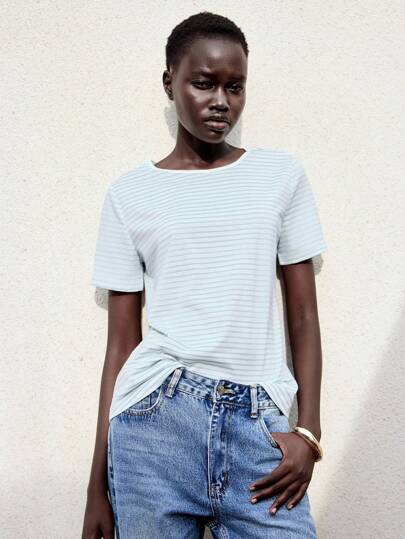 Lumivelle Women's Casual Blue And White Striped Short Sleeve Scoop Neck T-Shirt. Comfortable Polyester Regular Fit Top For Everyday Wear.